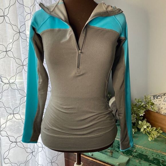 Womens Nike Pro dri fit quarter zip hoodie womens size small gray turquoise athl - Picture 1 of 6